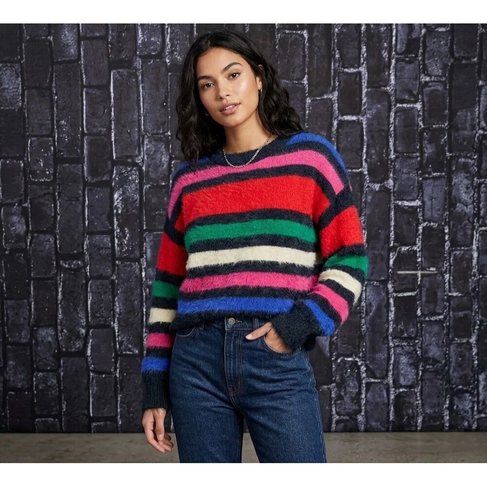 A New Day Women's Multicolor Fuzzy Knit Sweater Stripe Pullover Crew Neck Size S